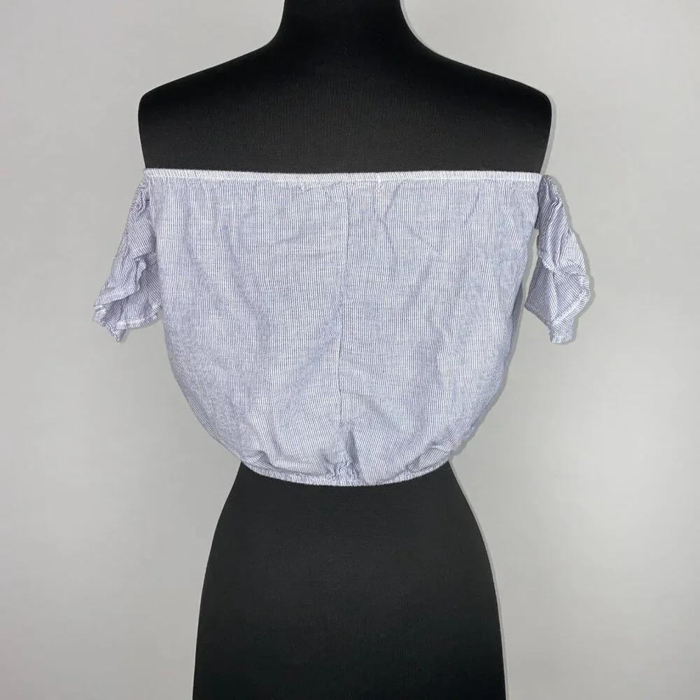 Brandy Melville Off The Shoulder Crop Top One Size Blue White Striped Beach Boho - Picture 10 of 16